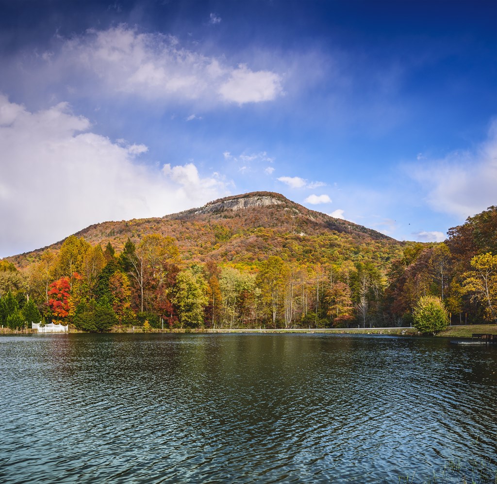 View of Yonah Mountain and lakefront in the autumn with changing fall foliage