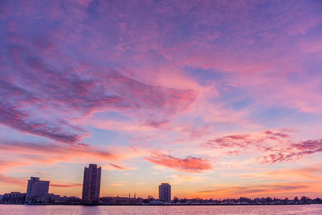 Sunset view of Elizabeth River between the cities of Chesapeake Norfolk and Portsmouth Virginia