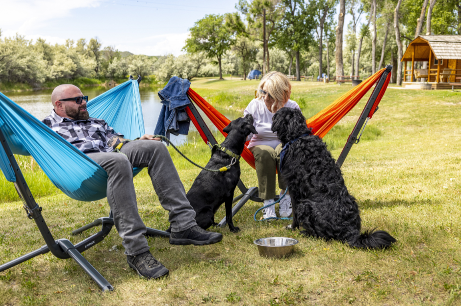 Two people in hammocks with dogs at Billings KOA Holiday